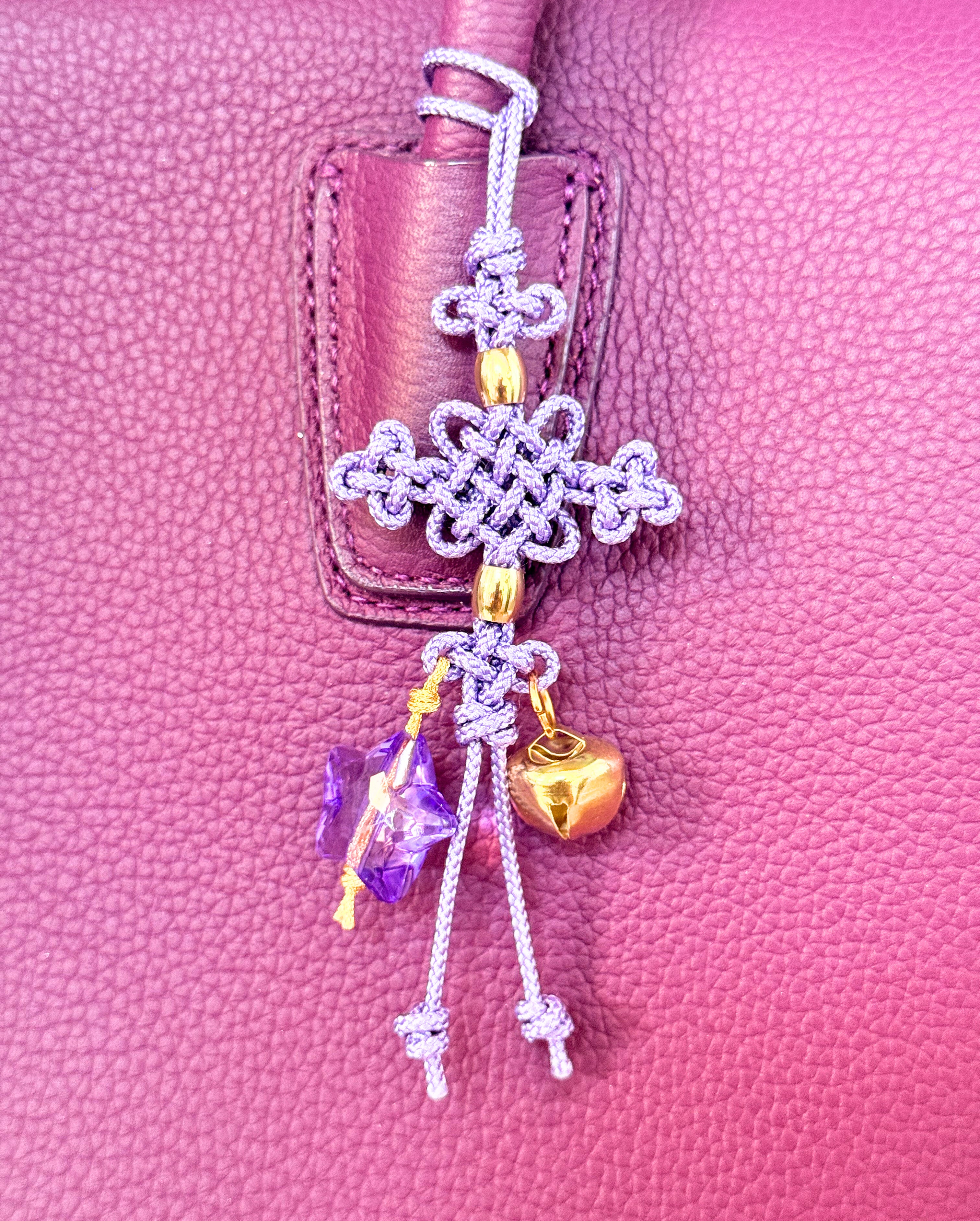 Kpop Demon Hunters Huntrix Rumi cosplay keychain charm accessory Norigae, Traditional Korean Decorative Knot Gold Bell purple star, Handmade Hanging accessory Korean thread Length 6" kaboknots.com