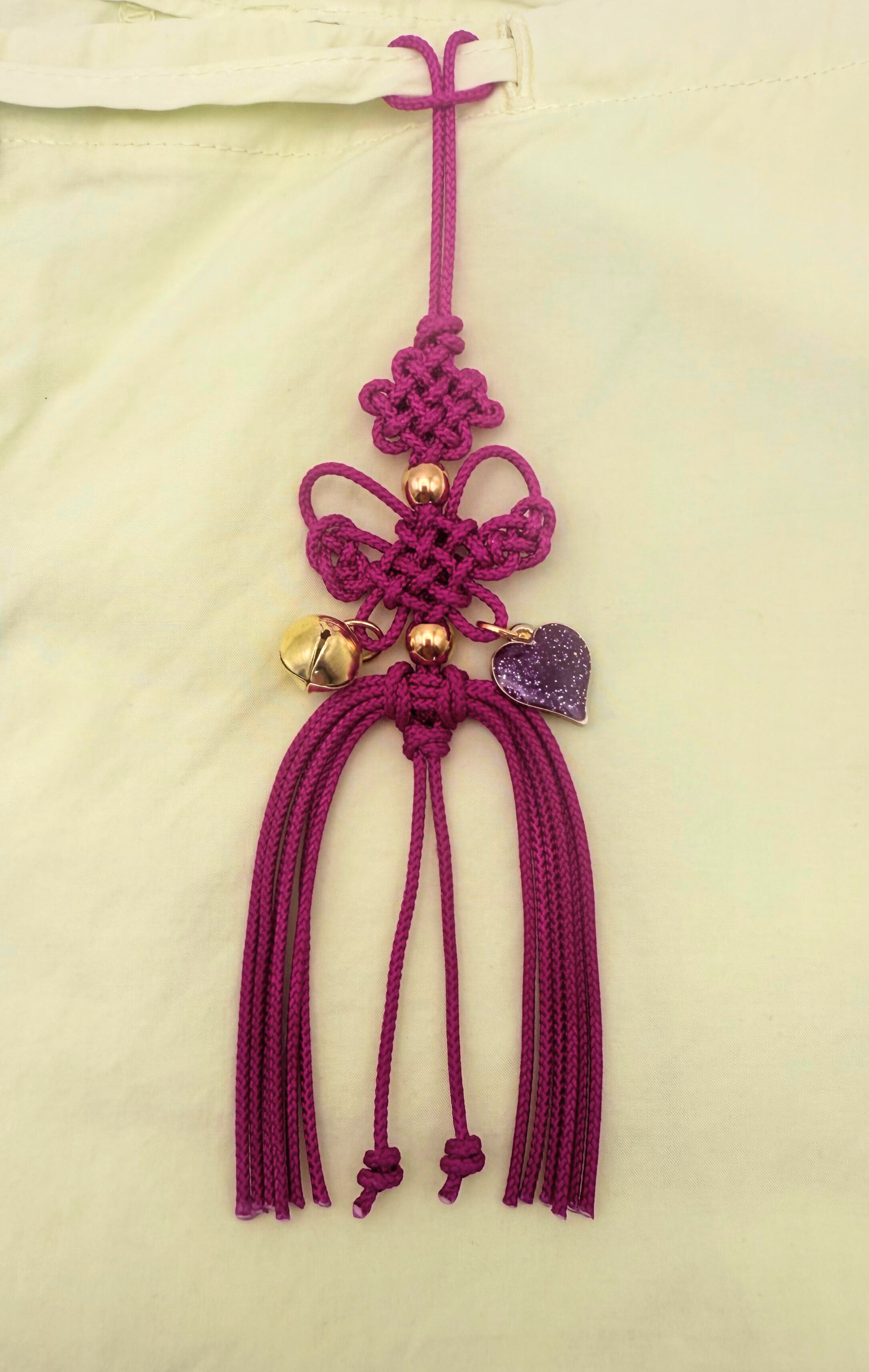 Kpop Demon Hunters Huntrix Mira cosplay keychain pink heart charm accessory Norigae, Traditional Korean Decorative Knot, Pink Tassel with Gold Bell,  Korean thread, Handmade accessory. Length 7.0"