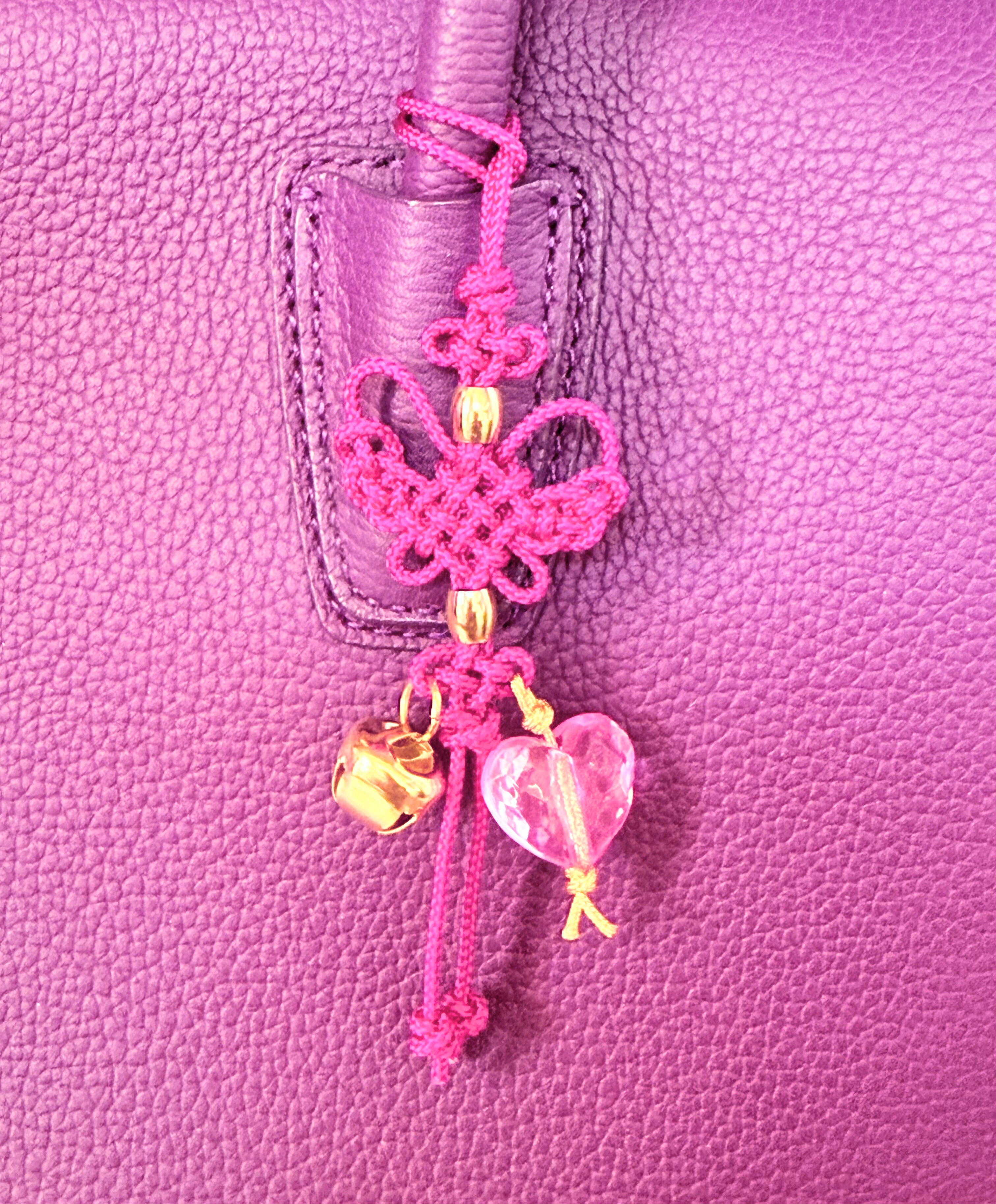 Kpop Demon Hunters huntrix Mira cosplay keychain charm accessory norigae, Traditional Korean Decorative Knot Gold Bell, Hot Pink Heart Handmade Hanging accessory Korean threads Length 6" kaboknots.com