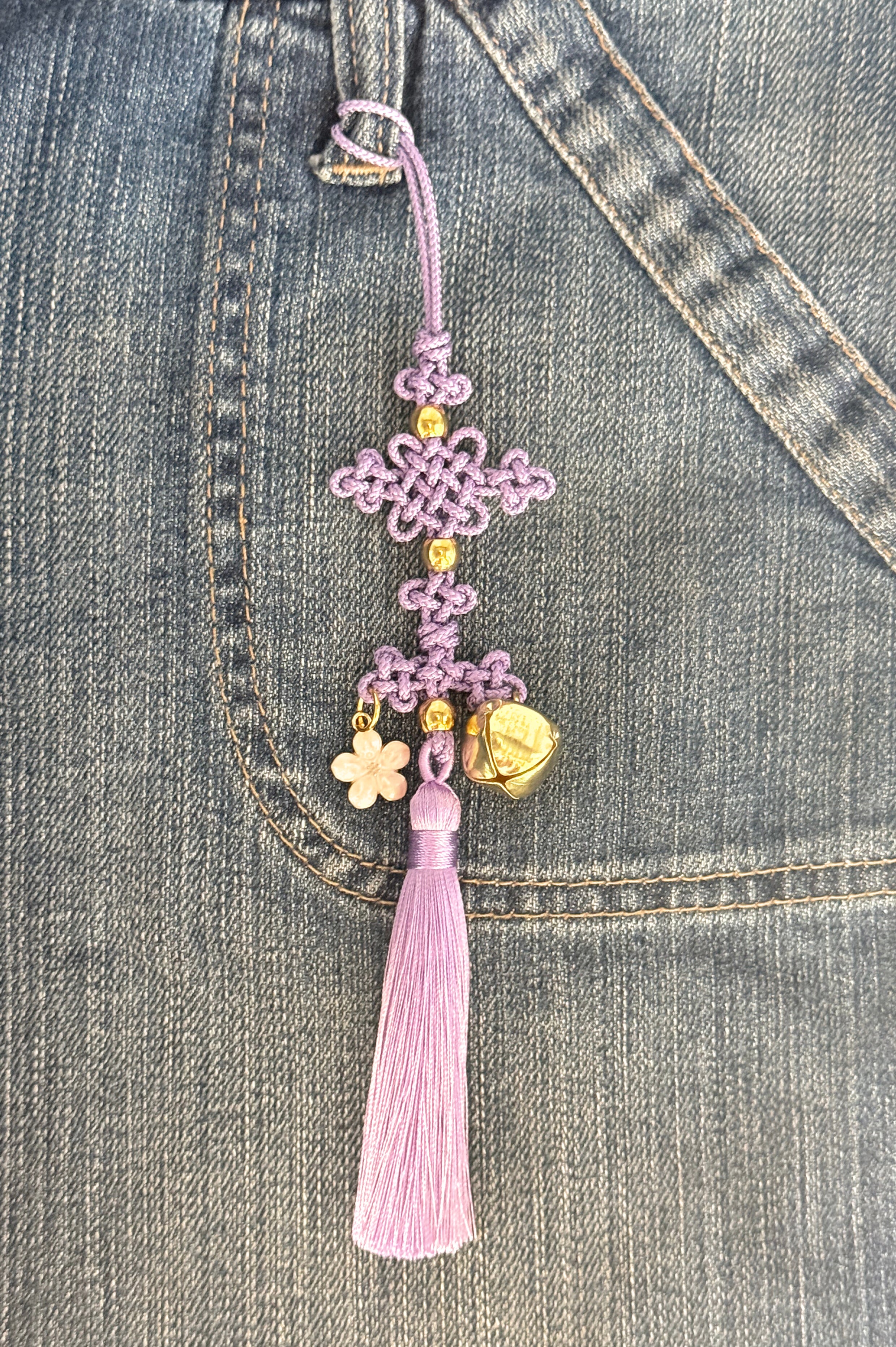 Kpop Demon Hunters Huntrix Rumi cosplay keychain charm accessory Norigae, Korean Decorative Knot, Purple Tassel with Gold Bell, Handmade Hanging accessory Korean thread Length 8.5" kaboknots.com