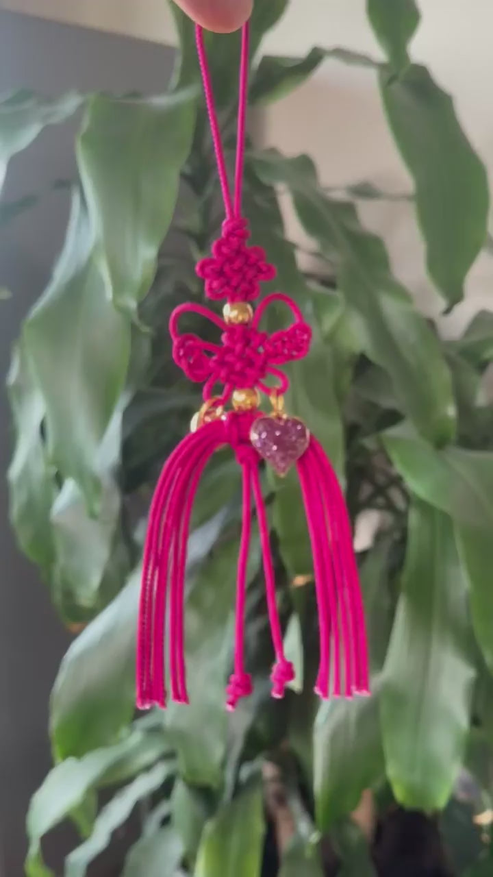 Kpop Demon Hunters Huntrix Mira cosplay keychain pink heart charm accessory Norigae, Traditional Korean Decorative Knot, Pink Tassel with Gold Bell,  Korean thread, Handmade accessory. Length 7.0"