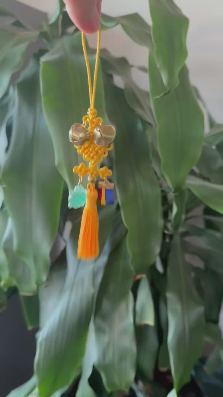 Kpop Demon Hunters Huntrix Zoey cosplay keychain charm accessory Norigae, Traditional Korean Decorative Knot, Yellow Tassel with Gold Bells, Handmade Korean thread Length 8.2" kaboknots.com