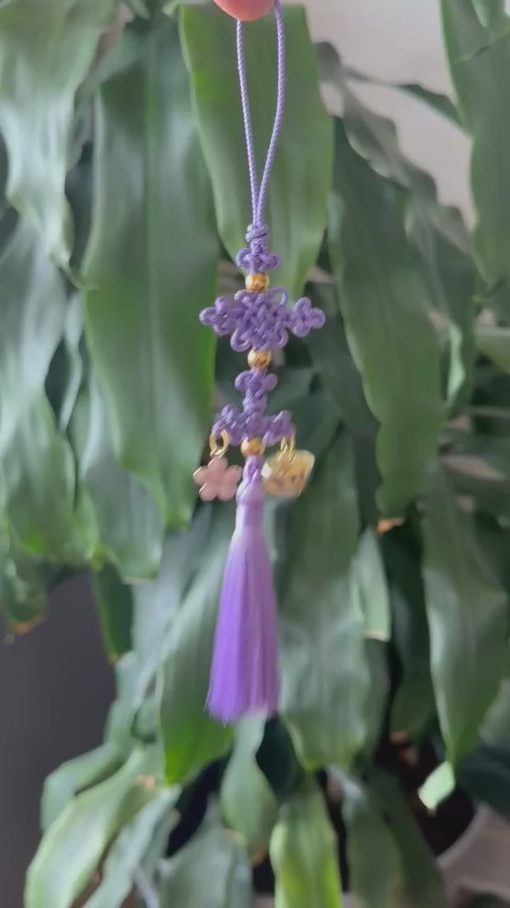 Kpop Demon Hunters Huntrix Rumi cosplay keychain charm accessory Norigae, Korean Decorative Knot, Purple Tassel with Gold Bell, Handmade Hanging accessory Korean thread Length 8.5" kaboknots.com