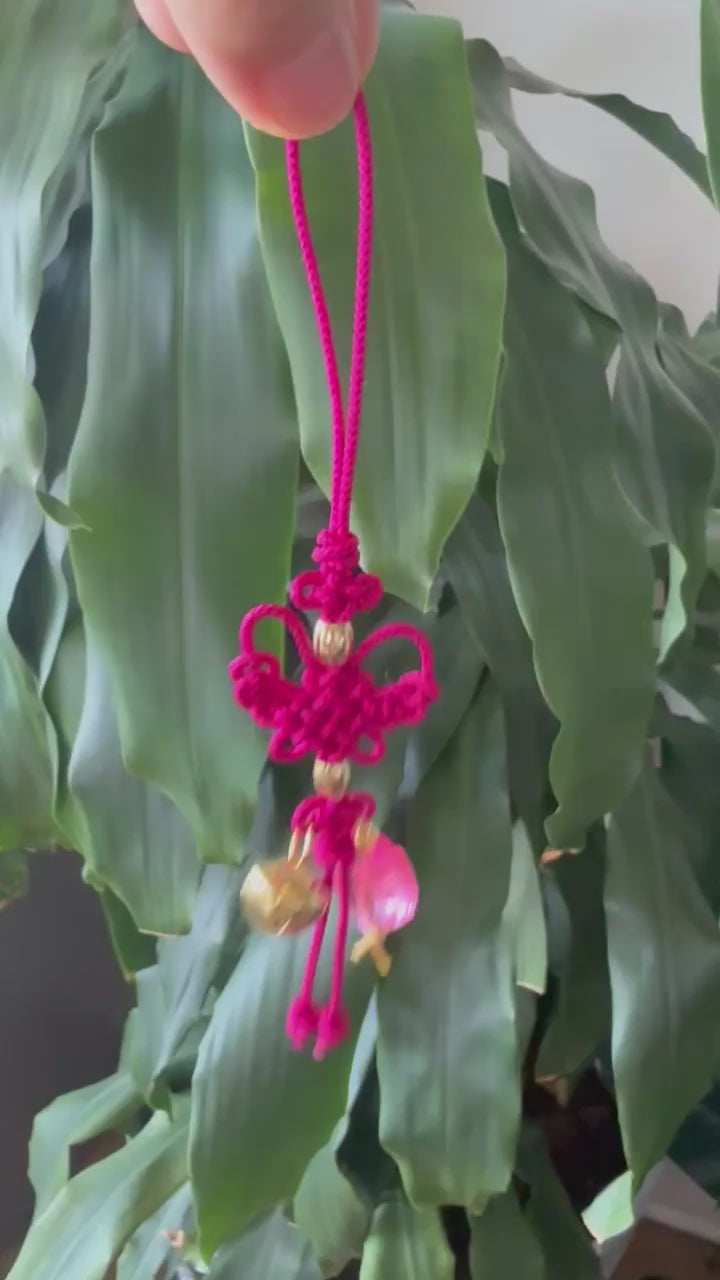 Kpop Demon Hunters huntrix Mira cosplay keychain charm accessory norigae, Traditional Korean Decorative Knot Gold Bell, Hot Pink Heart Handmade Hanging accessory Korean threads Length 6" kaboknots.com