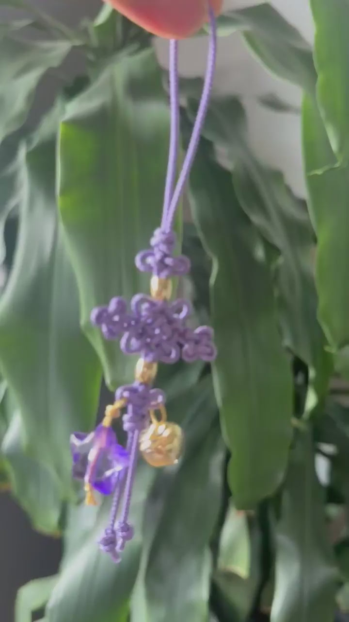 Kpop Demon Hunters Huntrix Rumi cosplay keychain charm accessory Norigae, Traditional Korean Decorative Knot Gold Bell purple star, Handmade Hanging accessory Korean thread Length 6" kaboknots.com